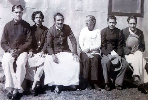 1940s - Meher Baba's family : ( L-R ) Adi Jrn., Mani, Baba, Shireen ( mother ) Jal, Beheram