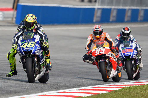 MotoGP 2014 in Sepang - Gerangel um die Plätze zwischen Valentino Rossi, Marc Marquez und Jorge Lorenzo.