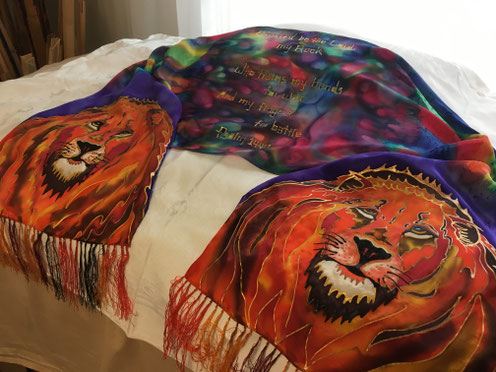 Two fierce lions guard the ends of large silk shawl. Rainbows and a battle of color in the center.