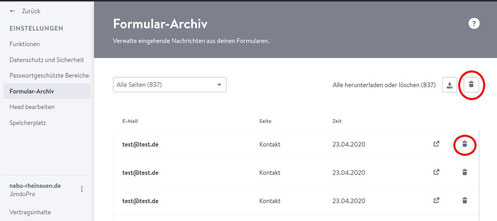 Die Daten lassen sich entweder einzeln oder in ihrer Gesamtheit löschen