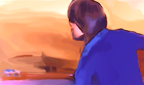 A colorful, modern painting of Pete Crambert playing the guitar.