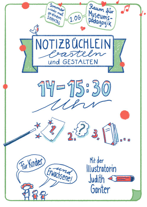 Veranstaltungsplakat im Sketchnote-Stil mit Zauberstab, Vogel und Bastelanleitung