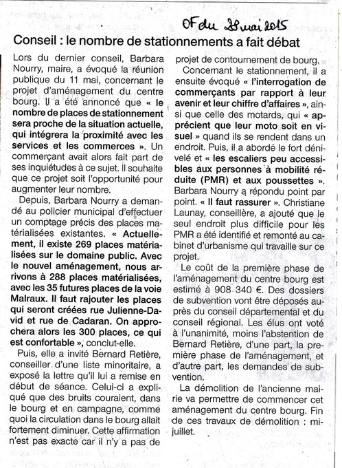 Parution Ouest France du 28 mai 2015 - Saint-Mars-du-Désert  -  Conseil : Le nombre de stationnements a fait débat - 