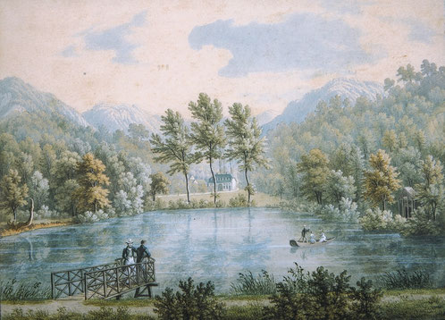 Mittlerer Weiher und Sophienruhe, Anton Winterlin, ca. 1843, Aquarell, (c) Denkmalpflege BL