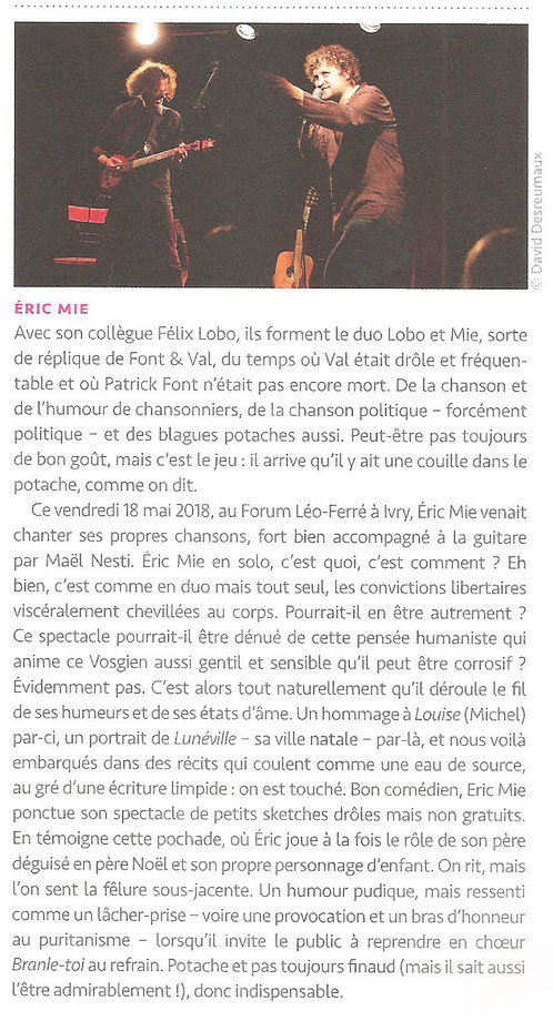 Magnifique article dans le dernier numéro d'Hexagone n°8 été 2018 (revue trimestrielle de la chanson) sur mon passage au Forum Léo Ferré !...