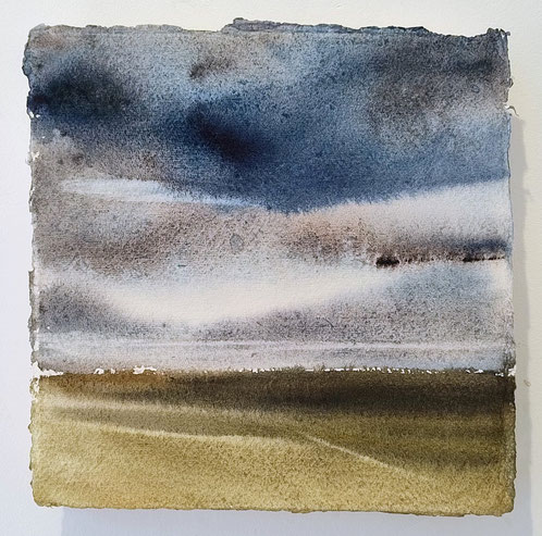 by Mamiko Nagatomo, Grassland after the rain, aqurelle on Indians cotten paper and wood panel, 20 x 20 x 3 cm