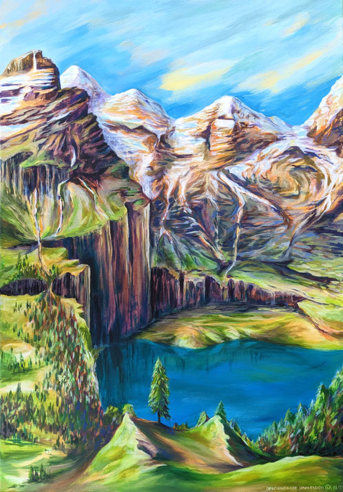 Acrylbild "Oeschinensee": farbenfrohes Bild mit See und umrahmenden hohen Bergen, im Vordergrund ein einzelner Baum als Blickfang