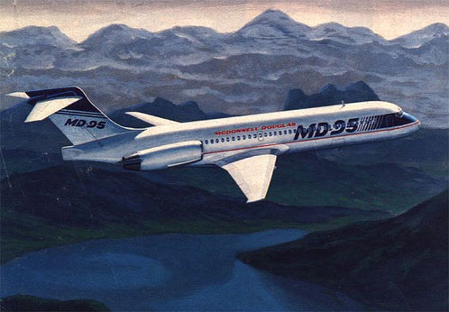 Hier sieht man eine frühe Zeichnung der MD-95. Die Ähnlichkeit mit der (längeren) MD-87 ist erstaunlich. Auffallend ist, daß hier nur ein Notausstieg pro Flügel zu sehen ist./Courtesy: McDonnell Douglas