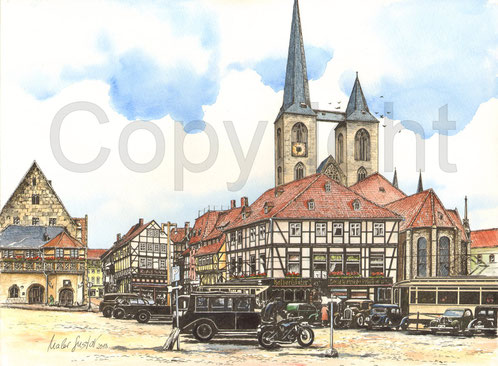 Halberstädter Fischmarkt, HBS, alte Postkarte von Halberstadt, alte Ansichten von HBS Halberstadt, Rathaus Halberstadt, Postkarte Halberstadt, Rathaus und Martinikirche HBS