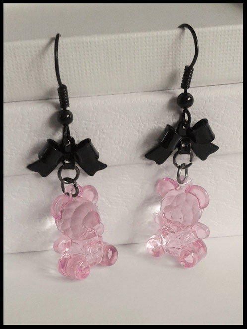 Translucent Pink Teddy Bear Earrings with Black Bows