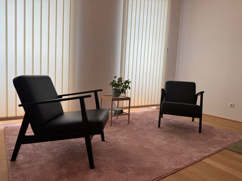 Gemütliche Sitzplätze für psychotherapeutische oder psychiatrische Gespräche in der Praxis von Dr. Stefan Weilbuchner in 1020 Wien