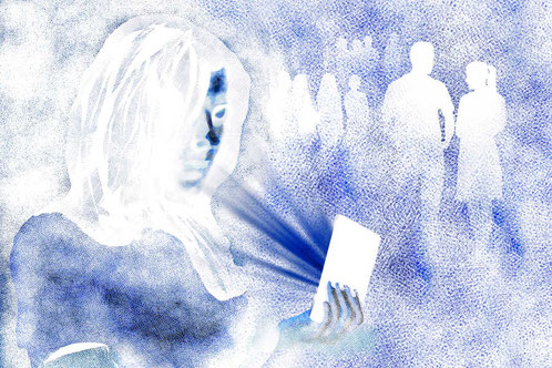gemälde frau mit telefon in der hand und personen im hintergrund weiß