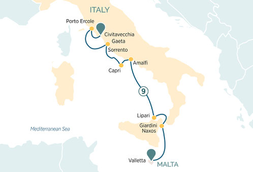 Reiseroute Emerald Cruises  mit der Yacht Sakara- Mittelmeer