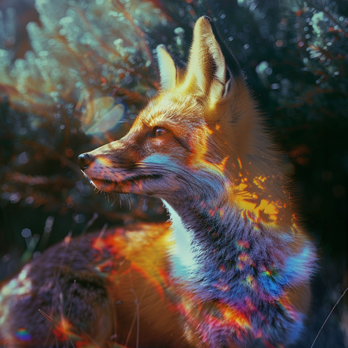 Ein Fuchs schaut nach links es sind farbige licht effekte auf seinem fell hinten ist ein gebüsch zu sehen