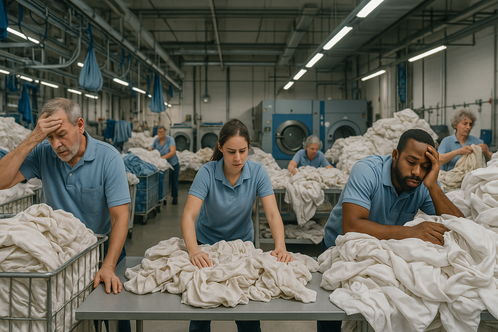Drei erschöpfte Wäschereimitarbeiter in blauen Poloshirts stehen an Tischen mit weißen ungefalteten Textilien in einer großen Wäscherei mit Waschmaschinen im Hintergrund.