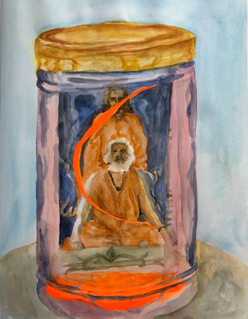 Yogiraj Gurunath Siddhanath and Sri Yukteswar Giri in an artwork by Günter Wintgens painted by Alissa Berger.