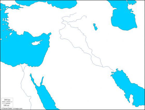 Un mapa de Mesopotamia, donde surgieron las primeras civilizaciones. "Mesopotamia" significa "Tierra entre dos ríos", haciendo referencia a los dos ríos que vieron nacer estas sociedades: el Tigris y el Éufrates. ¿Podéis verlos, verdad?