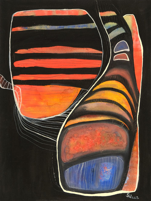 Kunstwerk auf Papier, gemalt  mit Gouache, Tusche, Aquarellfarbe, Stiften etc.