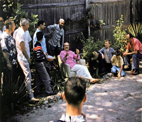 1958 ; Baba in the compound at the Meher Center, Myrtle Beach, SC. Harry is on the far right sitting.