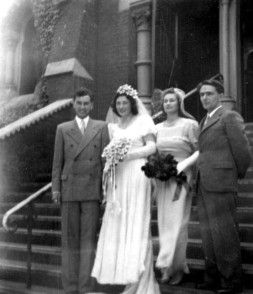 Wedding day for Bill & Joan Le Page ( left ) with Betty ( bridesmaid ) Ossie Hall ( Best man ).