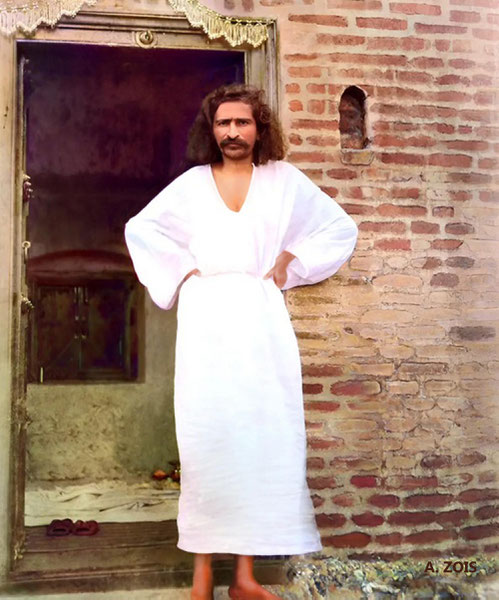 Baba at Toka in 1928,Standing in front of the door that will later be transported to Meherabad and become the Samadhi door. Image rendered by Anthony Zois.