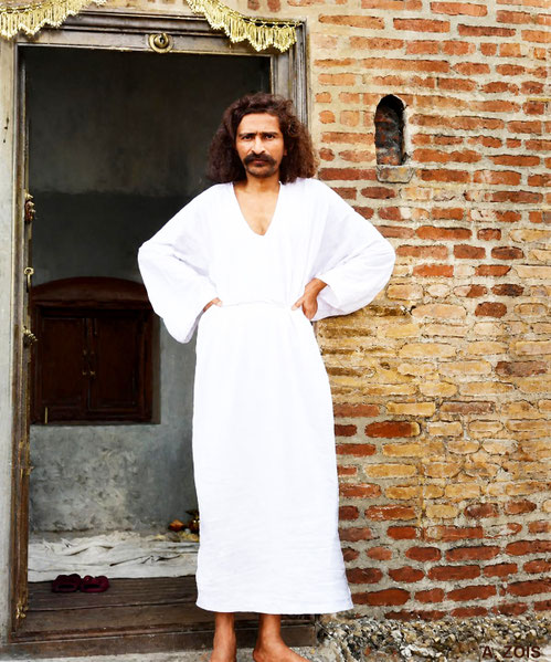 Baba at Toka in 1928,Standing in front of the door that will later be transported to Meherabad and become the Samadhi door. Image rendered by Anthony Zois. BP