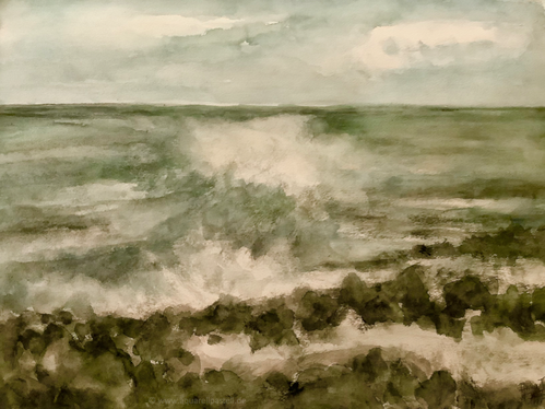 Hohe Wellen am steinigen Ufer (36 x 48 cm)