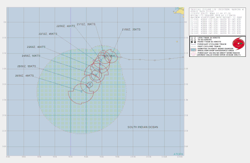 Track map of a Tropical Low in the Australian region off the north coast of Western Australia, 21/01/2021, image from JTWC.