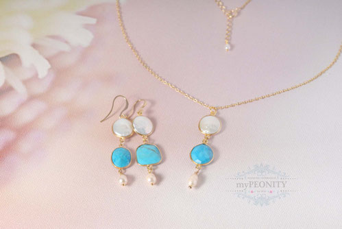 Schmuckset Ohrringe Halskette mit Türkis und Coin Perle