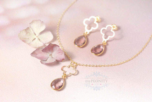 vergoldetes silber kleeblat mit morganit tropfen als anhänger mit kette oder ohrringen auch im set