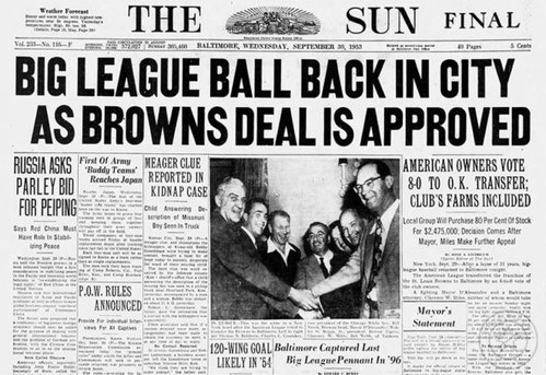 L'articolo del 29 settembre 1953 sul trasferimento a Baltimore per la stagione 1954 dei Browns da cui nacquero gli Orioles