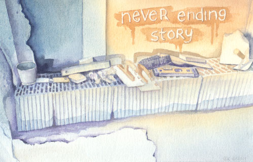 Aquarellbild "Never ending story": Szene auf einer Baustelle, Kelle, Spachtel und anderes Werkzeug liegen auf blanken Ziegelsteinen