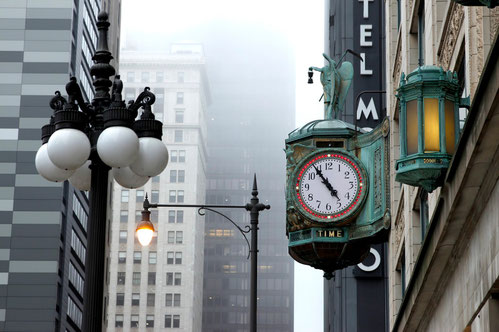 Lanterns, clocks and fog in Downtown Chicago