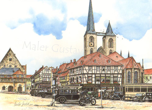 Der Fischmarkt von Halberstadt um 1930. Das Rathaus und die Martinikirche.