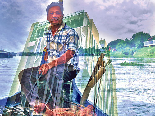 Miguel Jeronimo. — Surimpression de bâtiments luxueux en construction à Phnom Penh et de portraits de travailleurs du secteur informel : un pêcheur sur le Tonlé Sap, 2017-2018.