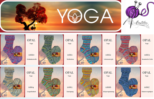 Das Foto zeigt die Farbkarte der Sockenwolle Opal Yoga. Abgebildet sind die Knäuel mit den entsprechenden Farbverläufen.