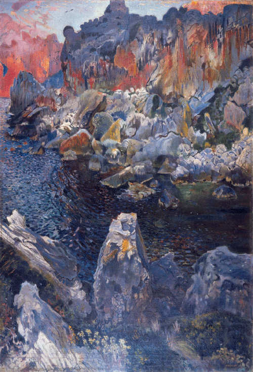 Joaquim Mir. Puesta de sol,1903.Óleo sobre lienzo.280x190cm.Es Baluard Museu d´Art Modern i Contemporani de Palma. Fascinado por la isla balear,las zonas rocosas y escarpadas de la costa, grutas de un aspecto fantasmagórico.