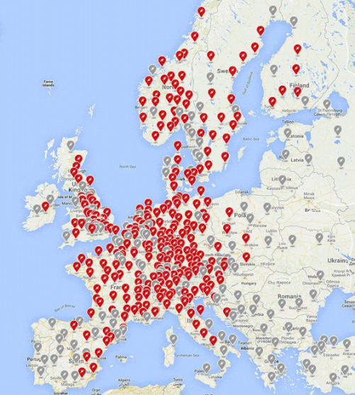 Tesla Supercharger Ladestationen - Stand Frühling 2017 (Quelle: tesla.com)