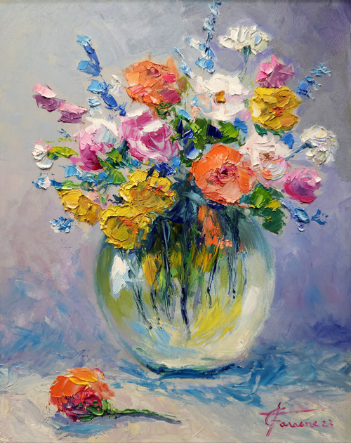 Vaso con fiori  olio su tavola cm 34,5x44,5  (Codice 404/23).. 