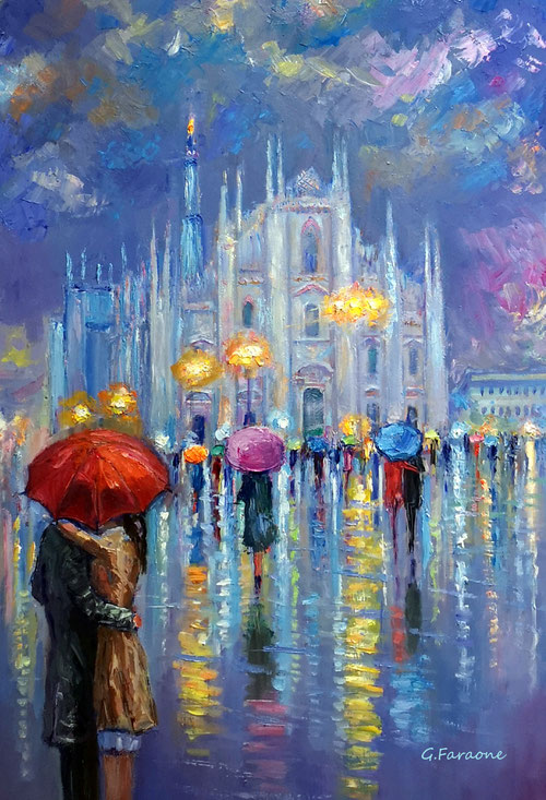 Innamorati a Milano olio su tavola cm 60x100 (Codice Mi 401/21).