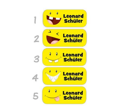5 verschiedene Bügeletiketten in der Größe 2 x 5 cm - mit gelben Lachgesichtern - Emotion