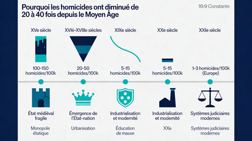 Timeline des taux d'homicides du Moyen Âge à nos jours avec facteurs explicatifs