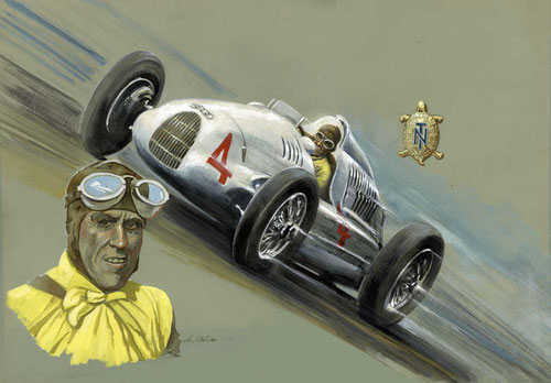 TAZIO NUVOLARI SU AUTO UNION A DONINGTON, 1938. Tempera su carta (2000).