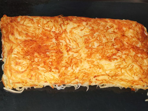 アツアツ鉄板,出し巻き玉子の秘密兵器,だし兵,ジャガイモのガレット,potato galette,しらす,シラス,千切り,外カッリカリ,中ホックホク,オサエちゃん,弱火,じわじわ