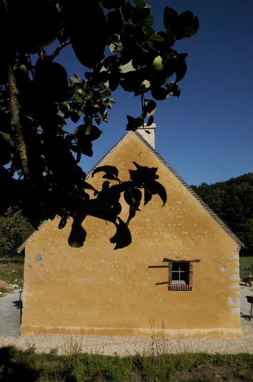 Pignon d'une maison paysanne percheronne et son enduit de chaux aérienne et sable percheron ocré fraichement terminé (image)