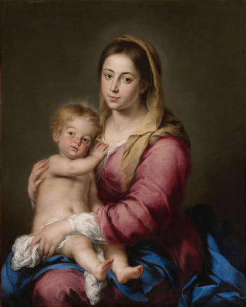 Murillo encarna el barroco sevillano con iconografia desconcertante y la expresión directa de la maternidad, novedad iconográfica desacostumbrada.Simplicidad y singular atractivo,suave gestualidad, manto azul lapislázuli y fuerte rosado. Obra de 1660-65