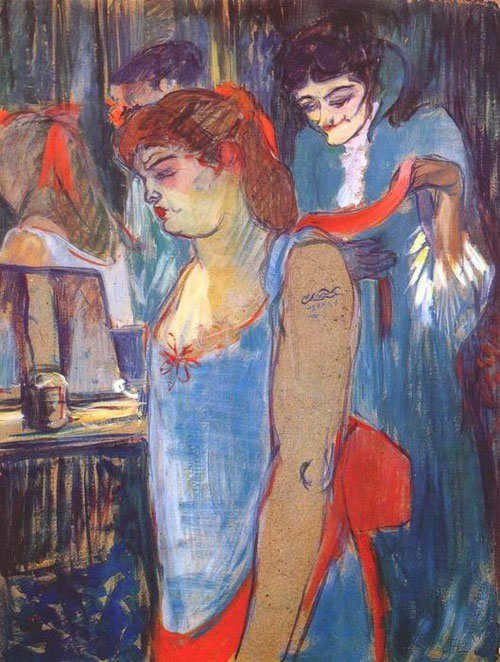 Toulouse Lautrec.Mujer tatuada 1894. Óleo sobre cartón.62x48cm.Kunststiftung Pauline. Colección privada.El tratamiento caricaturesco y perverso.La temática de burdel de Lautrec se centra en la toilette.Toques sueltos,delicados y coloristas...