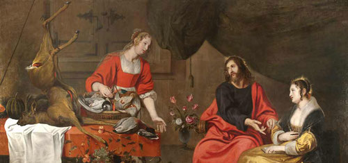 Jesús en casa de Marta y María. Musson.1640.Col BBVA.Pintor flamenco.Lc 10 nos cuenta el relato de Marta Y maria, la acción contemplativa de la Iglesia.Hay comunicación fluida entre las hermanas y Jesús quien señala a María.