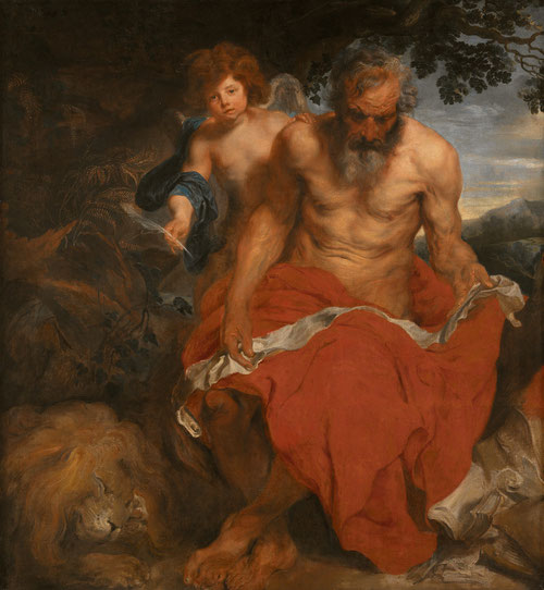 Van Dyck.San Jerónimo con un ángel,1618-20.Óleo sobre lienzo.168X134cm.Roterdam..Comprado en la almoneda de Rubens por FelipeIV, estuvo en la sacristía del Monasterio del Escorial, pero José Bonaparte lo sacó de España.Existe en Estocolmo otra versión.