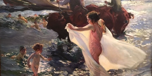 Joaquin Sorolla. La hora del baño.Óleo sobre lienzo,84x119cm.Colección Esther Koplowitz.Con un fuerte componente romántico, recuperando la visión moral del arte para regenerar la sociedad, Sorolla no fue ajeno ,haciendo de la belleza, el objeto del arte.